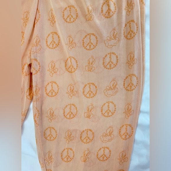 Looney Tunes Peach Graphic Mesh Bell bottom cinched waist Y2K Pants L - Picture 5 of 12